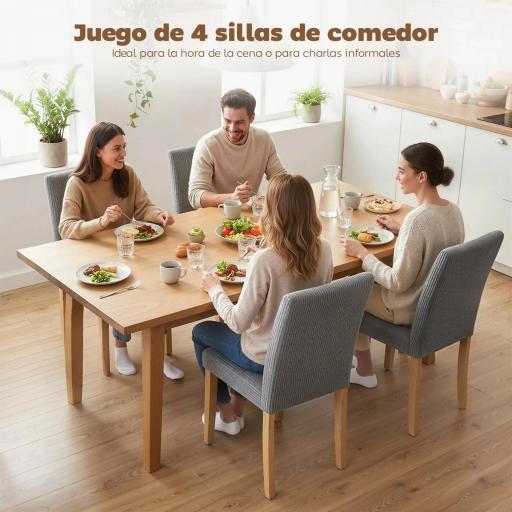 Pack de 4 Sillas de Comedor Respaldo Alto Tapizadas en Pana Asiento Acolchado Patas de Madera para Salón Gris [2]