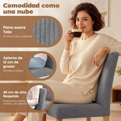 Pack de 4 Sillas de Comedor Respaldo Alto Tapizadas en Pana Asiento Acolchado Patas de Madera para Salón Gris [6]