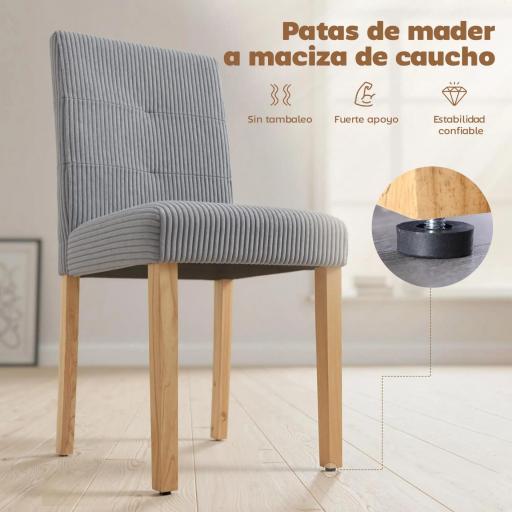 Pack de 4 Sillas de Comedor Respaldo Alto Tapizadas en Pana Asiento Acolchado Patas de Madera para Salón Gris [4]