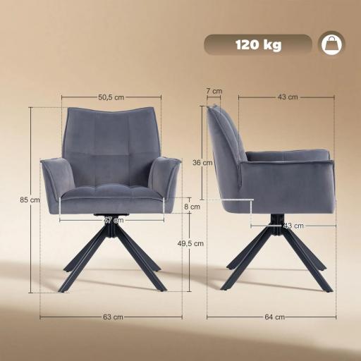Juego de 2 Sillas de Comedor Giratorias con Reposabrazos Respaldo Acolchado Tapizado en Terciopelo Patas de Acero Gris [6]