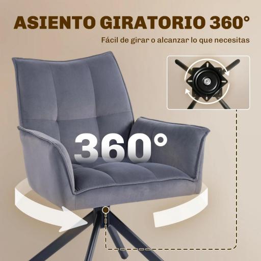 Juego de 2 Sillas de Comedor Giratorias con Reposabrazos Respaldo Acolchado Tapizado en Terciopelo Patas de Acero Gris [5]