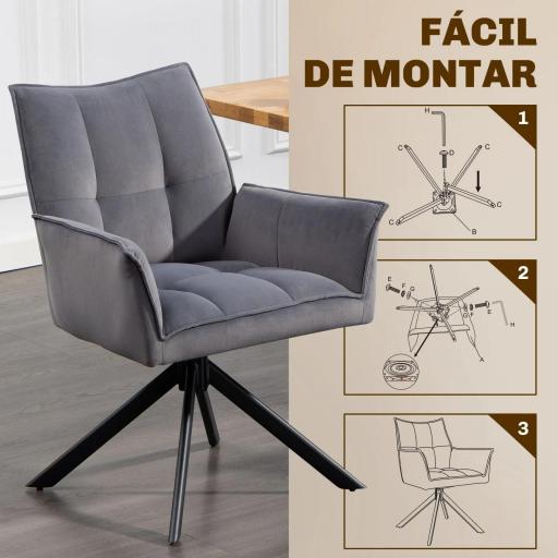 Juego de 2 Sillas de Comedor Giratorias con Reposabrazos Respaldo Acolchado Tapizado en Terciopelo Patas de Acero Gris [4]