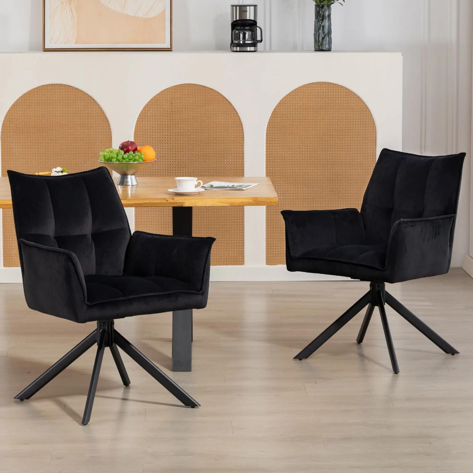 Pack de 2 Sillas de Comedor Giratorias con Reposabrazos Respaldo Acolchado Tapizado en Terciopelo Patas de Acero Negro