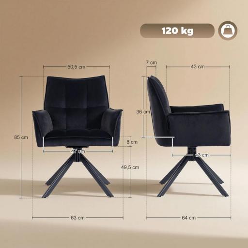 Pack de 2 Sillas de Comedor Giratorias con Reposabrazos Respaldo Acolchado Tapizado en Terciopelo Patas de Acero Negro [1]