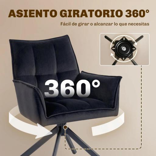 Pack de 2 Sillas de Comedor Giratorias con Reposabrazos Respaldo Acolchado Tapizado en Terciopelo Patas de Acero Negro [2]