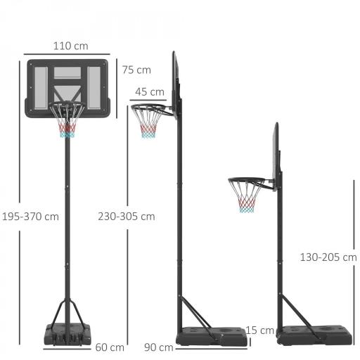 Canasta de Baloncesto de Exterior 2 en 1 con Altura Ajustable 230-305 cm Aro de Baloncesto con Soporte Ruedas Base Negro [1]