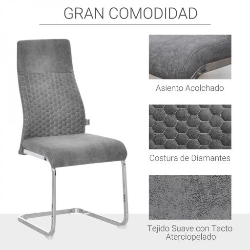Set de 4 Sillas de Comedor Sillas de Cocina Tejido de Microfibra con Asiento Acolchado y Patas de Metal 45x61x98 cm Gris [2]