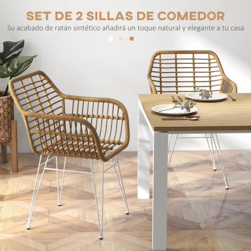 Set de 2 Sillas de Comedor Sillas de Cocina de Ratán PE con Patas de Acero para Salón Estilo Bohemio 56x60x79 cm Marrón [3]