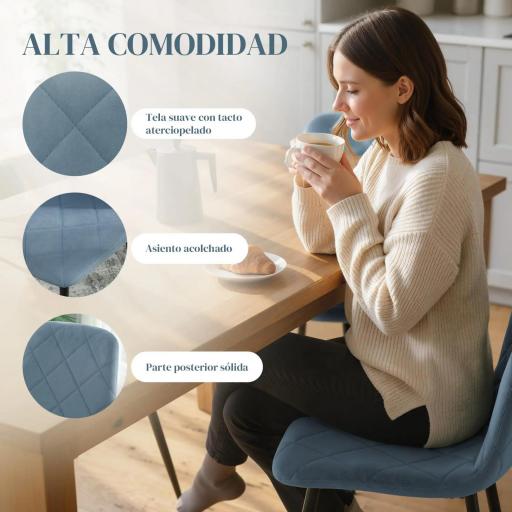 Juego de 4 Sillas de Comedor Tapizadas en Terciopelo con Patas de Acero para Salón 45x54x87 cm Azul Claro [6]