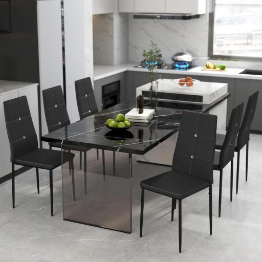 Juego de 6 Sillas de Comedor Tapizada en PU con Respaldo Alto con Botones y Patas de Acero Diseño Moderno Negro