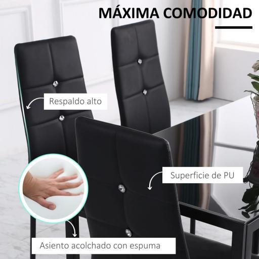 Juego de 6 Sillas de Comedor Tapizada en PU con Respaldo Alto con Botones y Patas de Acero Diseño Moderno Negro [5]