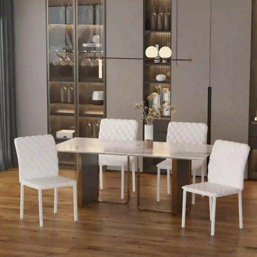 Pack de 4 Sillas de Comedor, Sillas de Cocinas Modernas, Respaldo Alto con Costuras Decorativas de Diamantes, Tapizadas en Cuero Sintético, Patas de Acero, Blanco