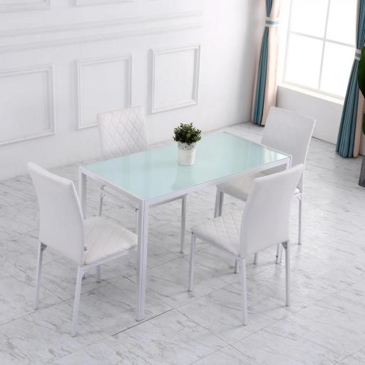 Pack de 4 Sillas de Comedor, Sillas de Cocinas Modernas, Respaldo Alto con Costuras Decorativas de Diamantes, Tapizadas en Cuero Sintético, Patas de Acero, Blanco [5]