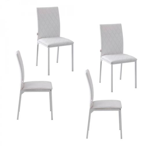 Pack de 4 Sillas de Comedor, Sillas de Cocinas Modernas, Respaldo Alto con Costuras Decorativas de Diamantes, Tapizadas en Cuero Sintético, Patas de Acero, Blanco [9]