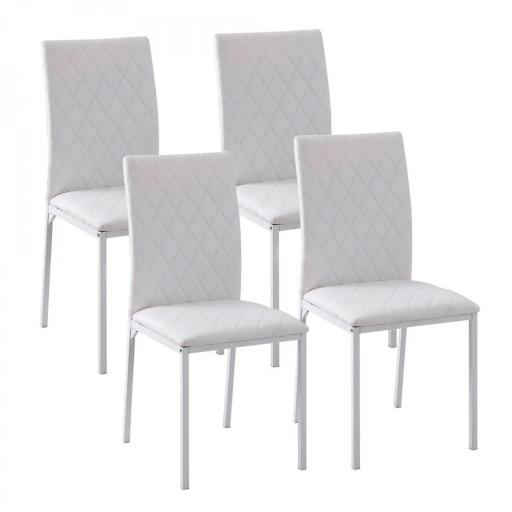Pack de 4 Sillas de Comedor, Sillas de Cocinas Modernas, Respaldo Alto con Costuras Decorativas de Diamantes, Tapizadas en Cuero Sintético, Patas de Acero, Blanco [8]