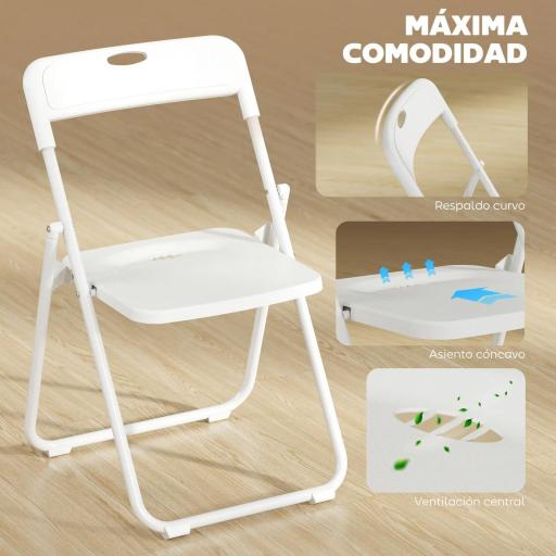 Juego de 6 Sillas Plegables de Plástico con Respaldo Curvo Diseño Ventilación Estructura de Acero 48,5x47x75 cm Blanco [3]