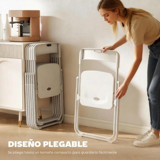 Juego de 6 Sillas Plegables de Plástico con Respaldo Curvo Diseño Ventilación Estructura de Acero 48,5x47x75 cm Blanco [4]