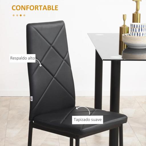 Set de 4 Sillas de Comedor Tapizadas de Piel Sintética con Respaldo Alto y Patas de Metal 41x50x97 cm Negro [1]