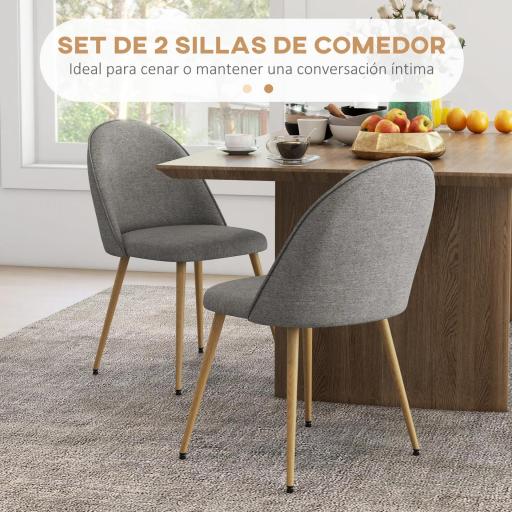 Pack de 2 Sillas de Comedor Sillas de Cocina Tapizadas de Tela de Lino con Patas de Acero Carga 120 kg 50x52x83 cm Gris [2]