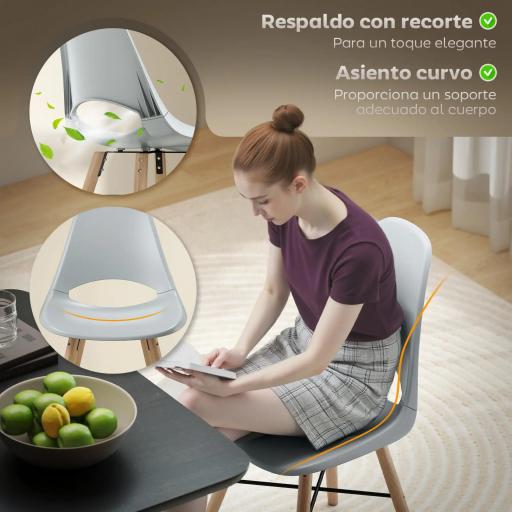Pack de 2 Sillas de Comedor de Plástico con Respaldo Curvado y Patas de Madera de Caucho Gris [4]