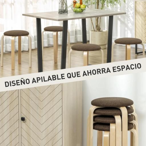 Juego de 4 Taburetes Redondos de Madera Apilables con Asiento Acolchado para Cocina Comedor Dormitorio Marrón [2]