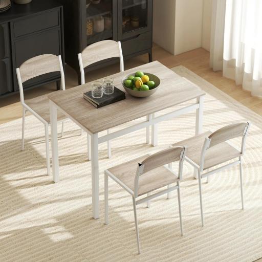 Juego de Mesa y 4 Sillas de Comedor Estilo Moderno Marco Metálico para Espacios Pequeños Blanco [7]