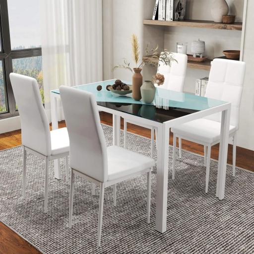 Conjunto de Comedor de Mesa y 4 Sillas 5 Piezas Mesa Rectangular de Vidrio Templado y Sillas Tapizadas en PU Blanco