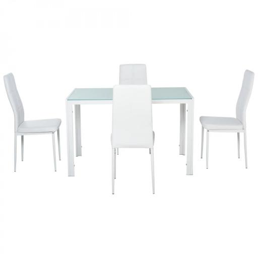 Conjunto de Comedor de Mesa y 4 Sillas 5 Piezas Mesa Rectangular de Vidrio Templado y Sillas Tapizadas en PU Blanco [10]