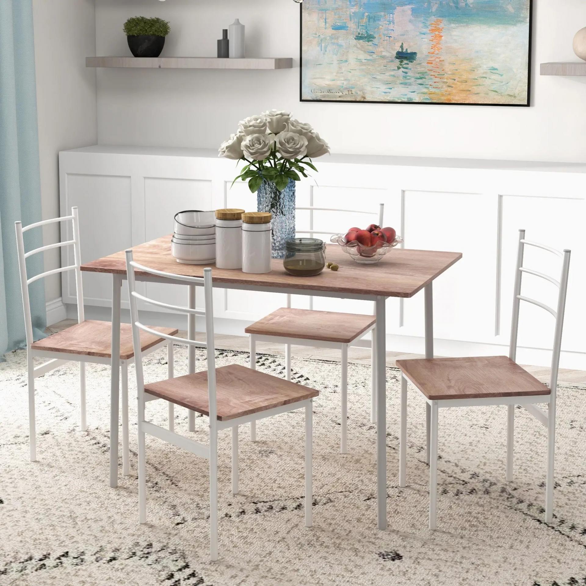 Conjunto de Comedor 5 Piezas Juego de 1 Mesa y 4 Sillas con Pies Acero para Cocina 110x70x75 cm Madera Natural y Blanco