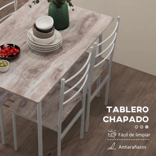 Conjunto de Comedor 5 Piezas Juego de 1 Mesa y 4 Sillas con Pies Acero para Cocina 110x70x75 cm Madera Natural y Blanco [2]