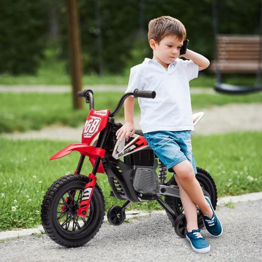 Moto Eléctrica para Niños de +3 Años con Batería 12V Música y Ruedas Auxiliares Carga 30 kg Rojo
