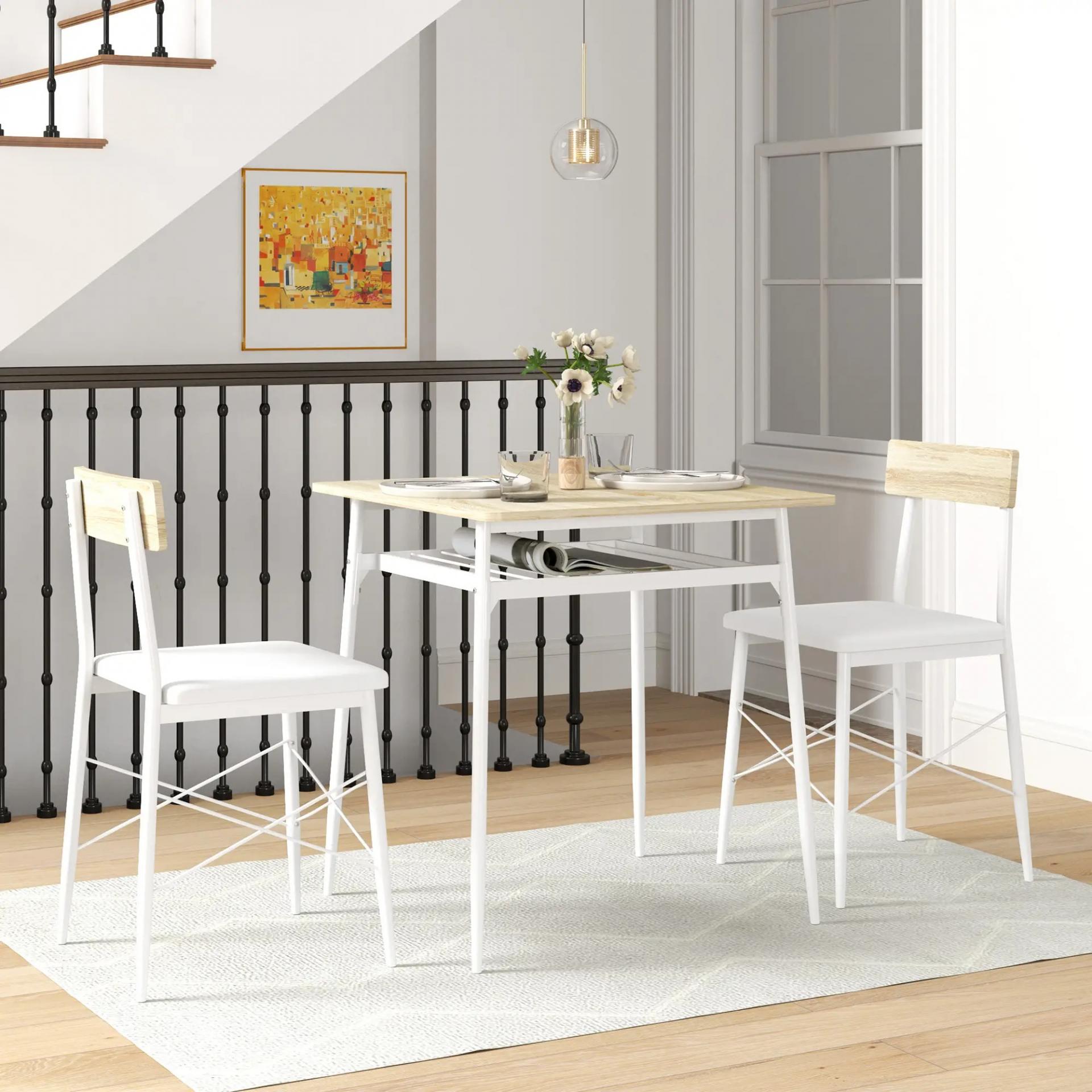 Conjunto de Mesa y Sillas de Comedor de 3 Piezas con Estante Abierto Estructura de Acero Blanco y Roble