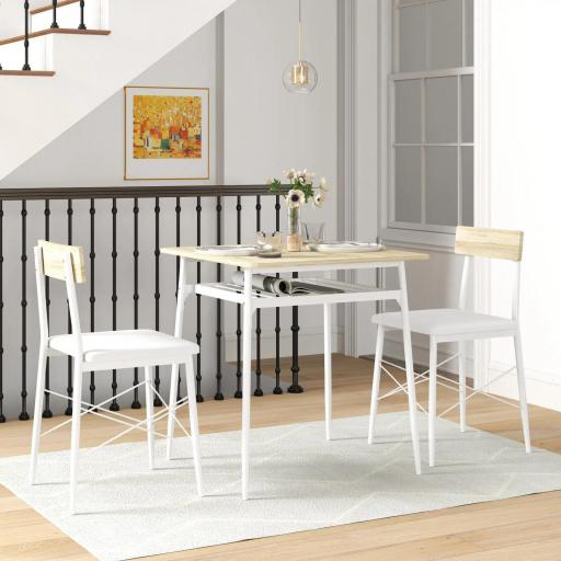 Conjunto de Mesa y Sillas de Comedor de 3 Piezas con Estante Abierto Estructura de Acero Blanco y Roble