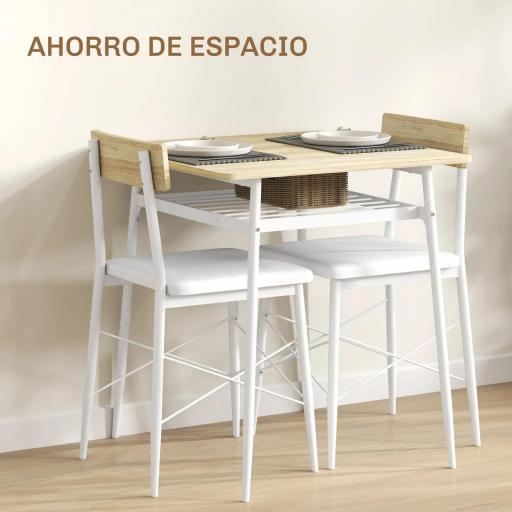 Conjunto de Mesa y Sillas de Comedor de 3 Piezas con Estante Abierto Estructura de Acero Blanco y Roble [4]