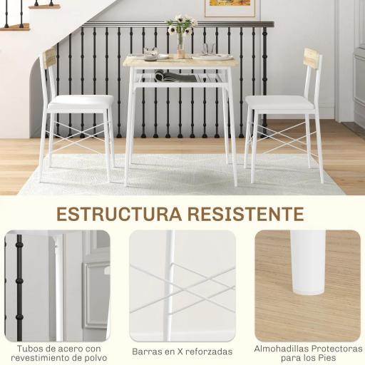 Conjunto de Mesa y Sillas de Comedor de 3 Piezas con Estante Abierto Estructura de Acero Blanco y Roble [5]