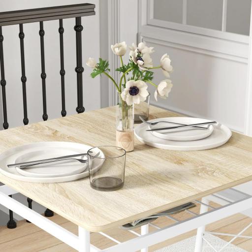 Conjunto de Mesa y Sillas de Comedor de 3 Piezas con Estante Abierto Estructura de Acero Blanco y Roble [8]