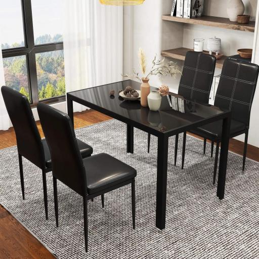 Conjunto de Comedor de Mesa y 4 Sillas 5 Piezas Mesa Rectangular de Vidrio Templado y Sillas Tapizadas en PU Negro