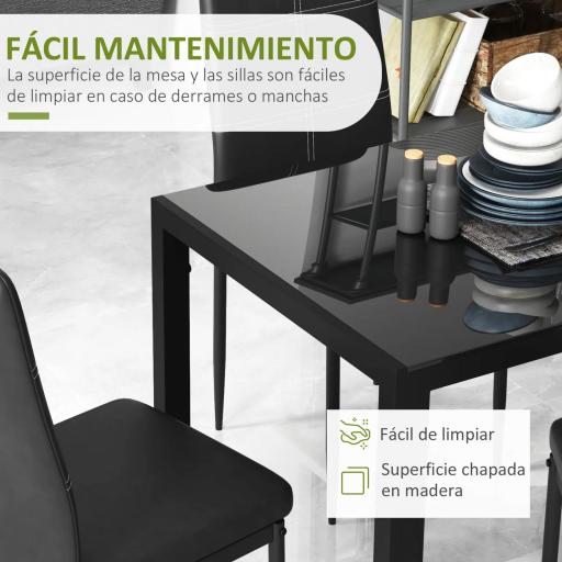 Conjunto de Comedor de Mesa y 4 Sillas 5 Piezas Mesa Rectangular de Vidrio Templado y Sillas Tapizadas en PU Negro [4]