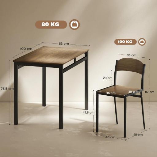 Juego de Mesa y 4 Sillas de Comedor Estilo Moderno Marco Metálico para Espacios Pequeños Marrón Oscuro y Negro [1]