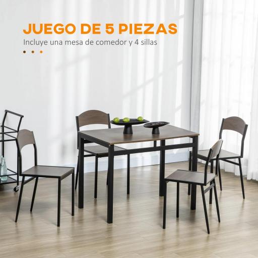 Juego de Mesa y 4 Sillas de Comedor Estilo Moderno Marco Metálico para Espacios Pequeños Marrón Oscuro y Negro [3]