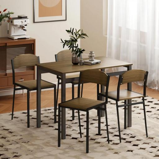 Juego de Mesa y 4 Sillas de Comedor Estilo Moderno Marco Metálico para Espacios Pequeños Marrón Oscuro y Negro [6]