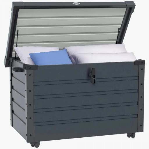 Baúl de Almacenaje Exterior de Acero Galvanizado con 4 Ruedas 2 Asas y Tapa con Cerradura 100x62x65 cm Gris Oscuro [9]
