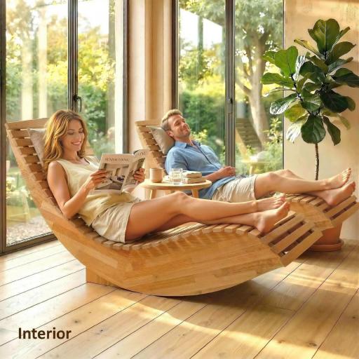 Conjunto de 2 Sillas Mecedoras de Jardín de Madera Ergonómica Plegable con Diseño Listonado 60x156x77 cm Natural [3]