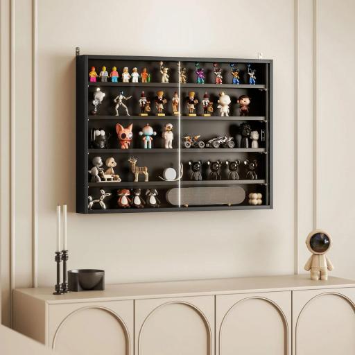 Vitrina de Pared Vitrina de Madera con Estantes Ajustables y 2 Puertas Correderas de Cristal 80x9,5x60 cm Negro