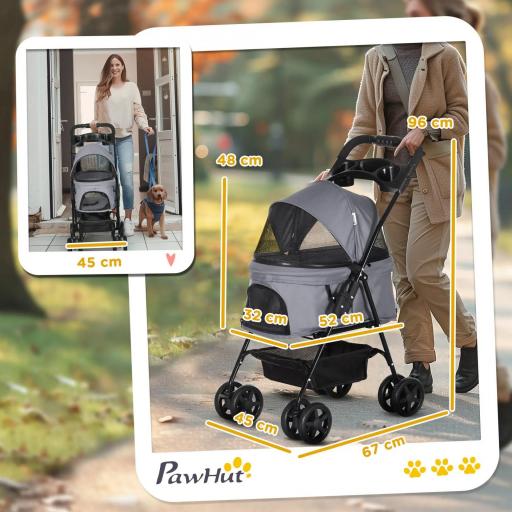 Carrito para Perros Pequeños con Ruedas Universales Cesta de Almacenaje Correas de Seguridad y Ventanas 67x45x96 cm Gris [1]