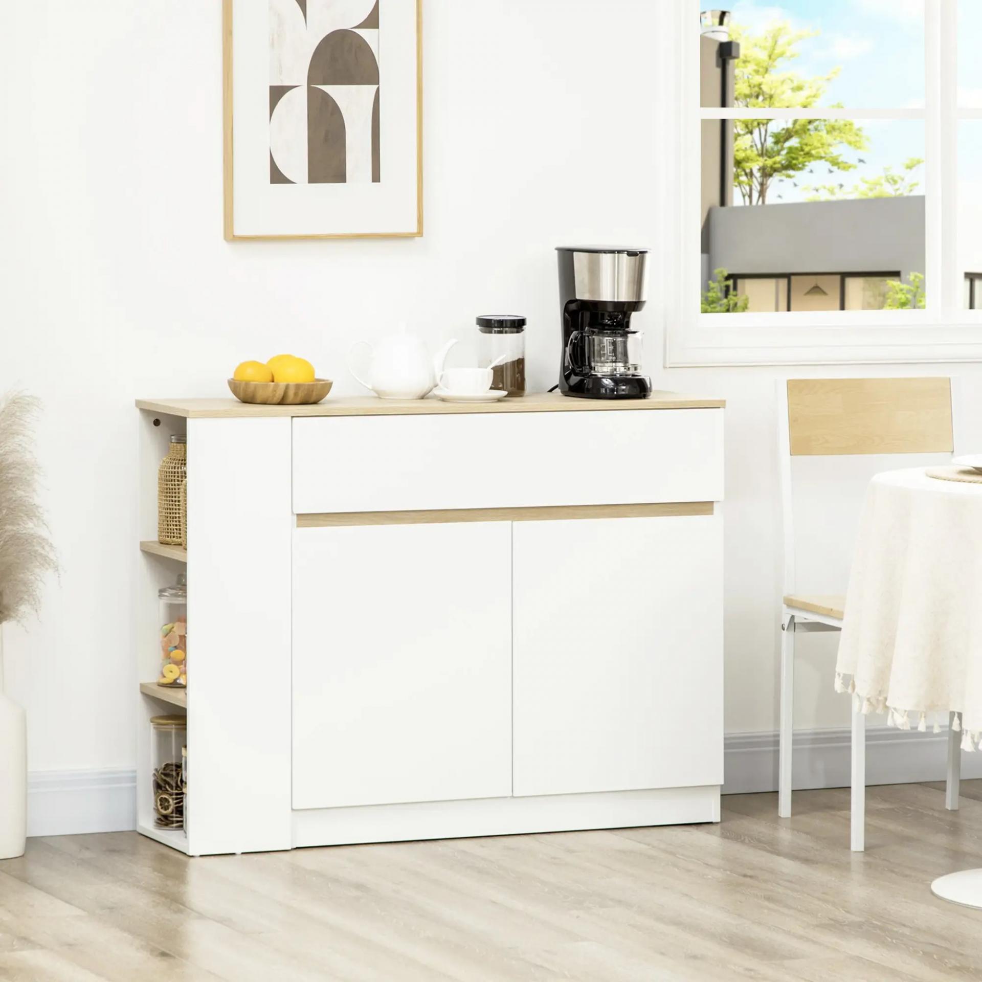 Aparador Armario de Cocina con 2 Puertas Cajón y 3 Estantes Abiertos para Salón Comedor 110x29,5x82 cm Blanco