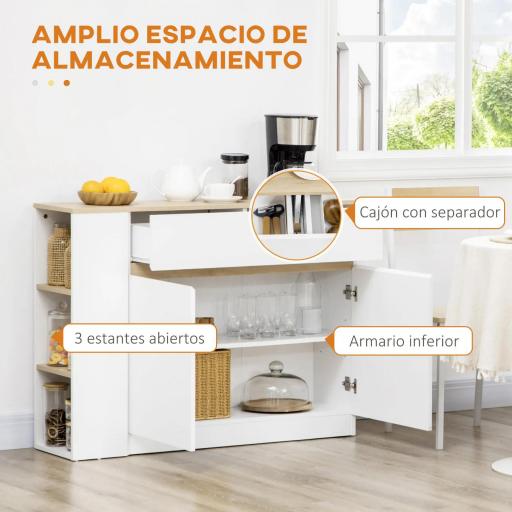Aparador Armario de Cocina con 2 Puertas Cajón y 3 Estantes Abiertos para Salón Comedor 110x29,5x82 cm Blanco [3]