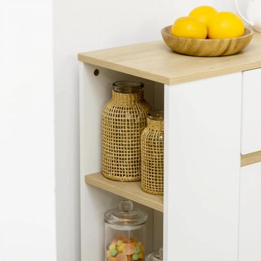 Aparador Armario de Cocina con 2 Puertas Cajón y 3 Estantes Abiertos para Salón Comedor 110x29,5x82 cm Blanco [6]