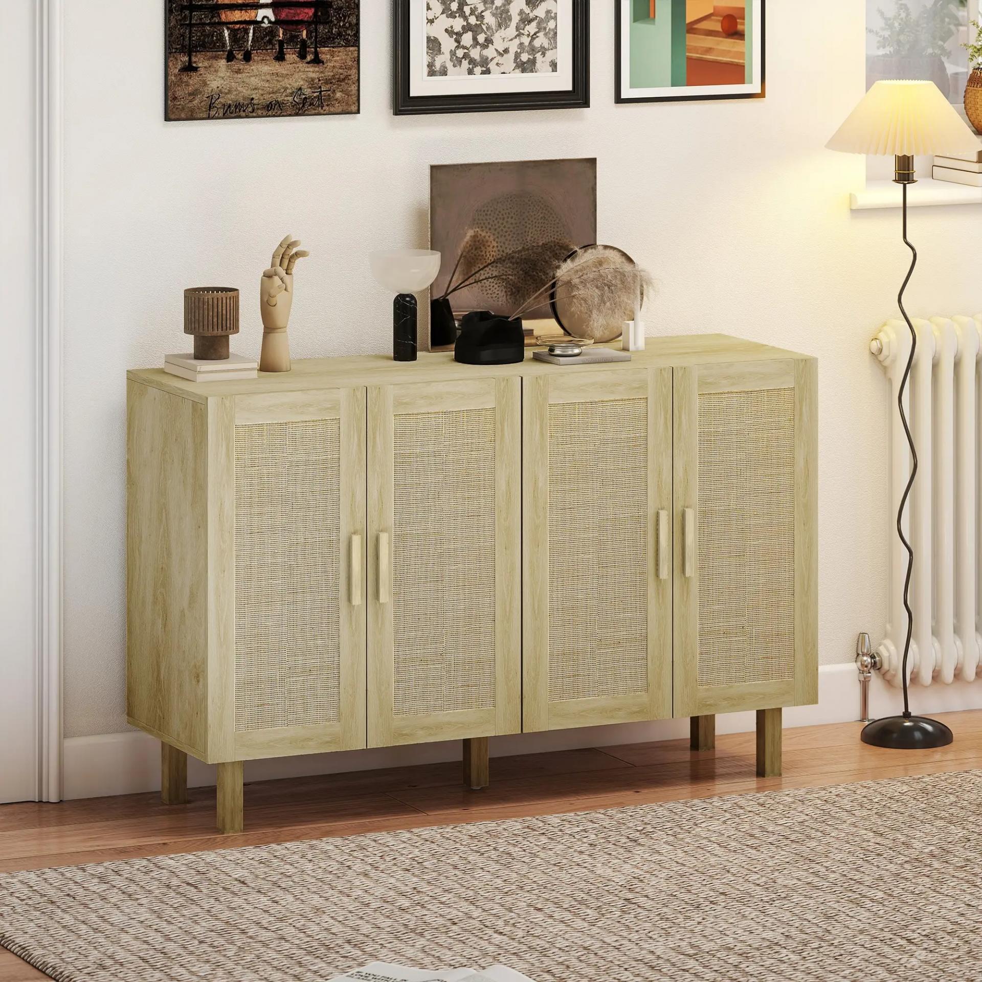 Aparador para Salón con 4 Puertas de Rejilla y Estantes Ajustables Aparador de Estilo Cannage 120x39,5x76 cm Natural