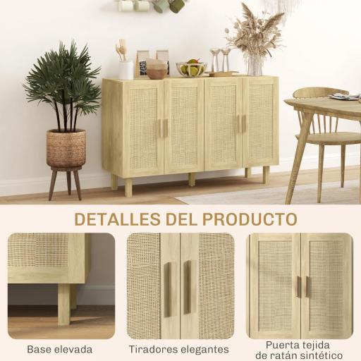 Aparador para Salón con 4 Puertas de Rejilla y Estantes Ajustables Aparador de Estilo Cannage 120x39,5x76 cm Natural [5]